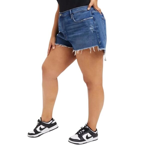NEW Good American Good 90's Raw Hem Distressed Jean Shorts in Blue645 Sz. 22 - Picture 2 of 4